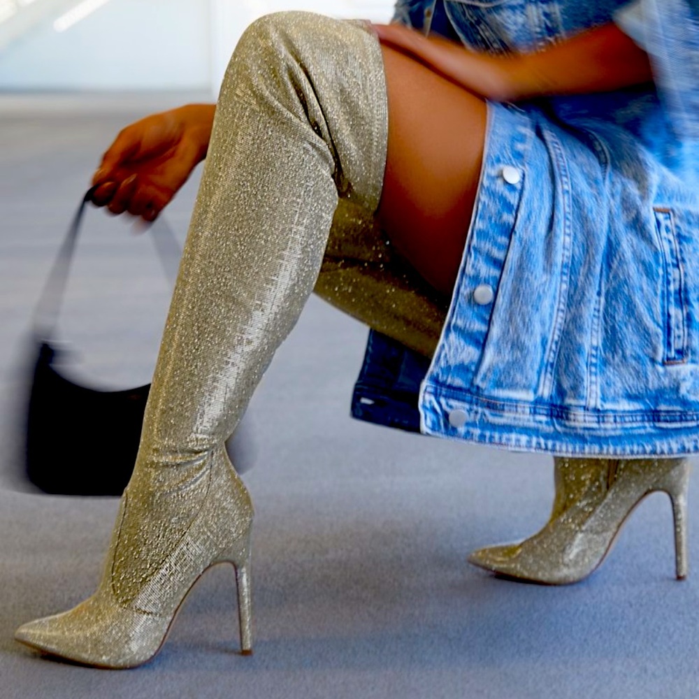 Metallic glitter over the knee boots
